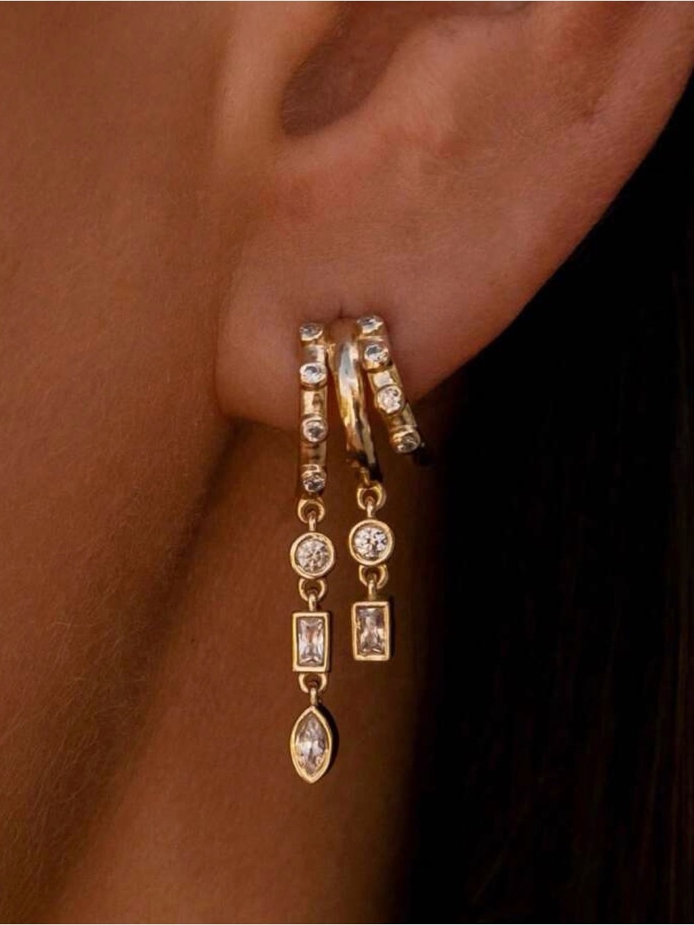 Gold Cubic Zirconia Drop Dangle Huggie Earrings - Gold